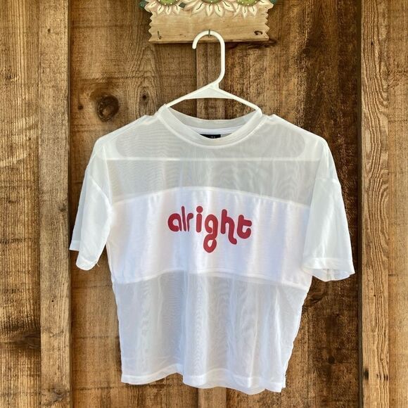 Alright Graphic White Sheer Mesh Workout Short Sleeve Top - Picture 2 of 6